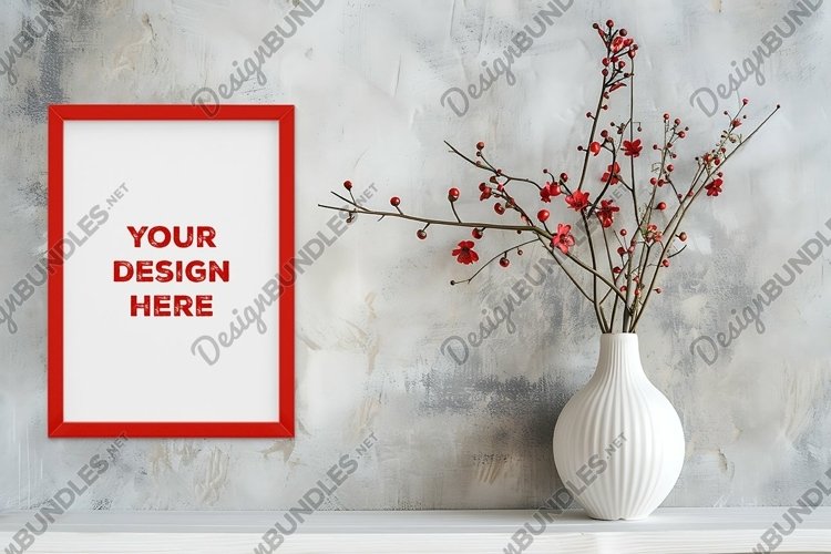 Frame mockup on grunge industrial wall with vase and flowers example image 1