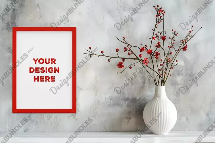 Frame mockup on grunge industrial wall with vase and flowers