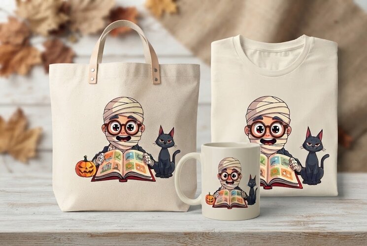 Halloween Mummy Reading PNG | Cute Mummy Cat Book Clipart example image 1
