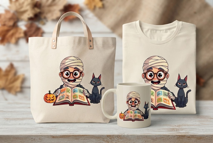 Halloween Mummy Reading PNG | Cute Mummy Cat Book Clipart