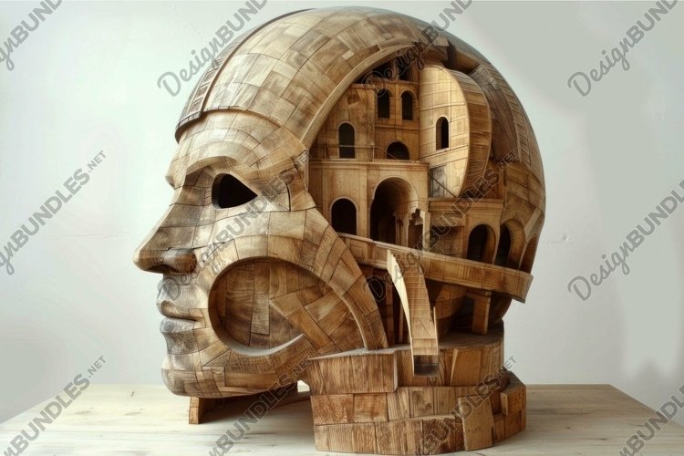 Wooden sculpture representing the inside of a mind with buil