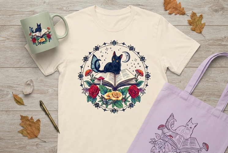 Black Cat Book PNG | Gothic Moon, Roses & Mushroom Halloween