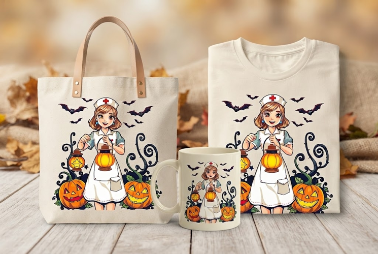 Halloween Nurse PNG with Pumpkins, Bats & Lanterns