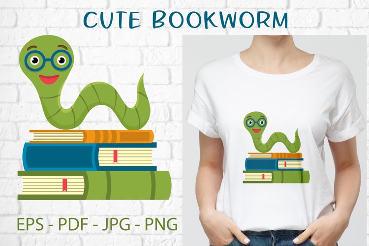 Cute bookworm near stack of books (1309726) Illustrations Design