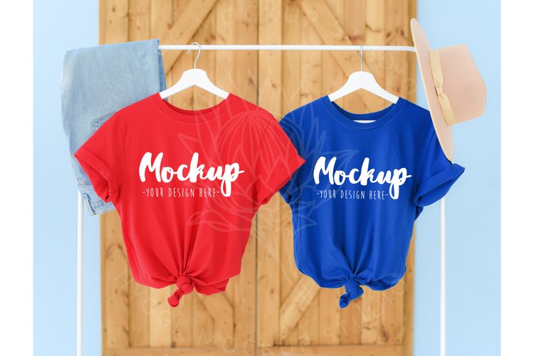 Red and True Royal 3001 Bella Canvas Mockup | Hanging Mockup