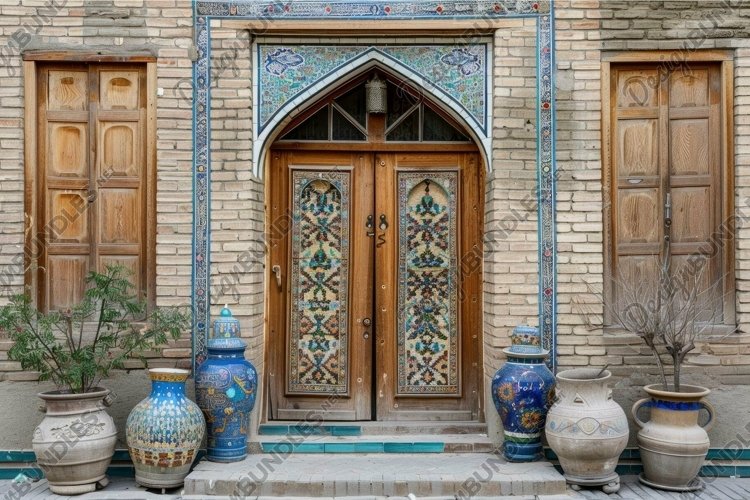 Traditional middle eastern house entrance with ornate door example image 1