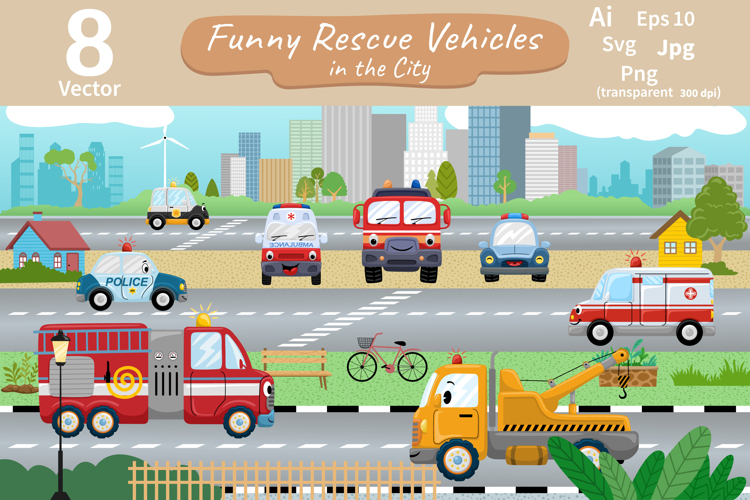 Funny Rescue Vehicles City Scene Vector Bundle