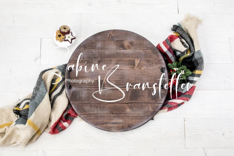 Styled Stock Photo Round Wood Serving Tray Christmas Mockup example image 1