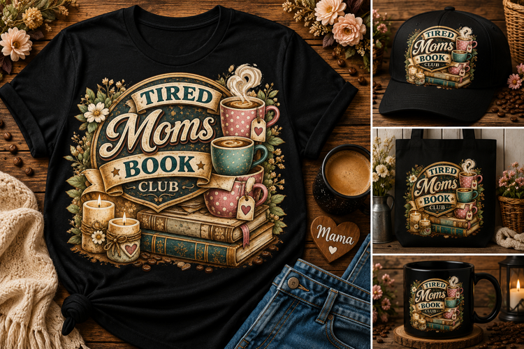Tired Moms Book Club PNG | Cozy Coffee & Books Mom Sublimati