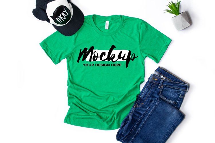 Bella Canvas 3001 Heather Kelly Flat Lay T-shirt Mockup example image 1