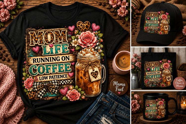 Mom Life Running on Coffee PNG Sublimation Design