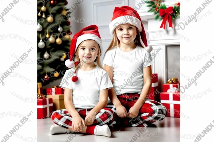 Christmas two girl White Shirt Mockup with santa hat example image 1