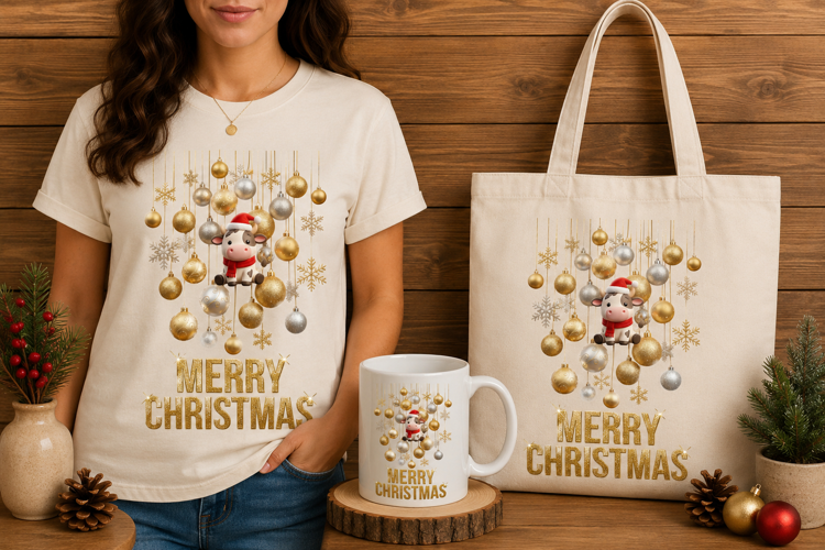 Cute Cow Gold Silver Ornaments Merry Christmas Art Print