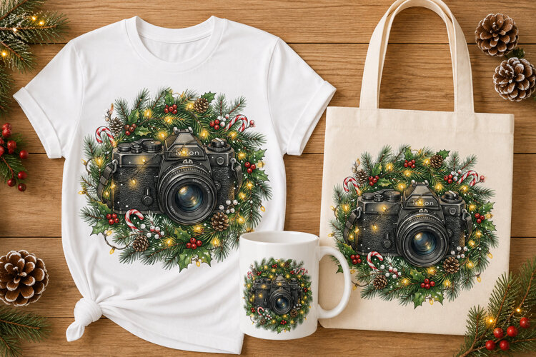 Vintage Camera Christmas Wreath Holiday Photography Art example image 1