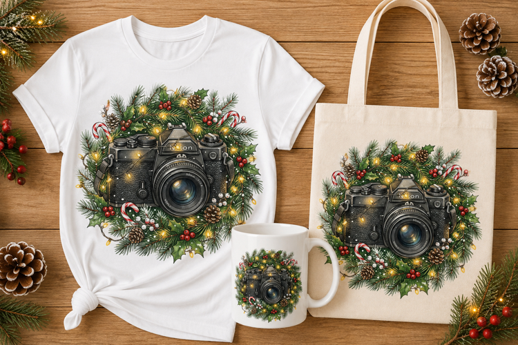 Vintage Camera Christmas Wreath Holiday Photography Art