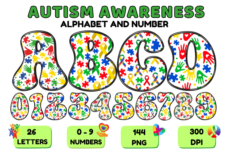 Autism Awareness Doodle Letters Love Puzzle Alphabet PNG