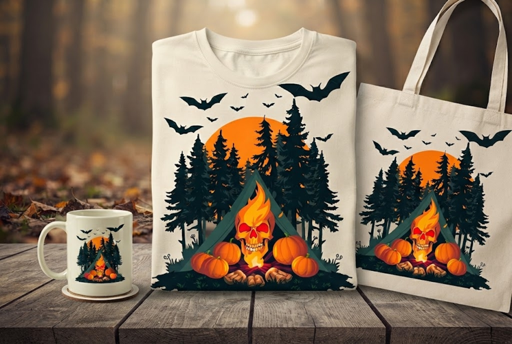 Spooky Skull Campfire Halloween Design with Pumpkins