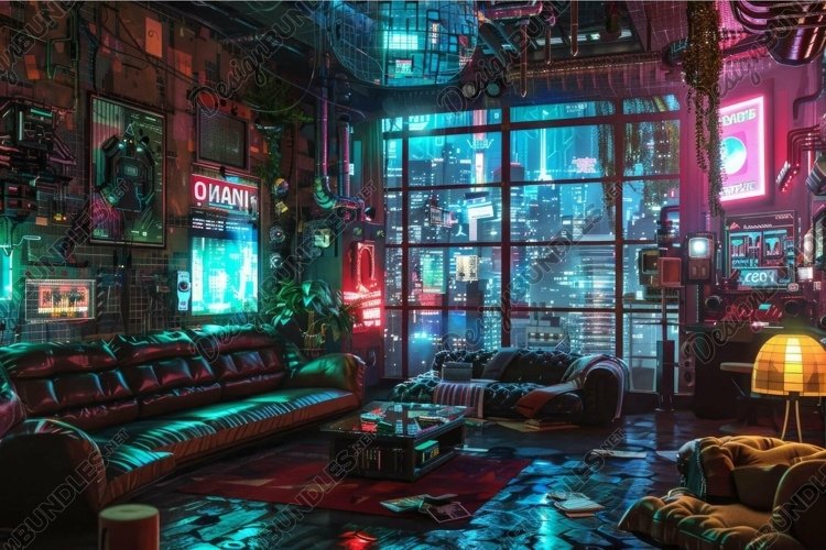 Futuristic cyberpunk living room interior example image 1