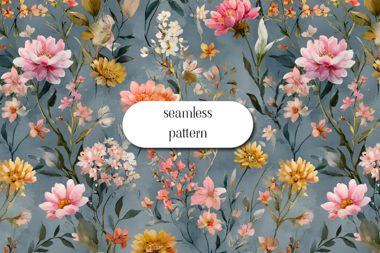 Seamless Blue Floral Pattern with Pink and Yellow Flowers