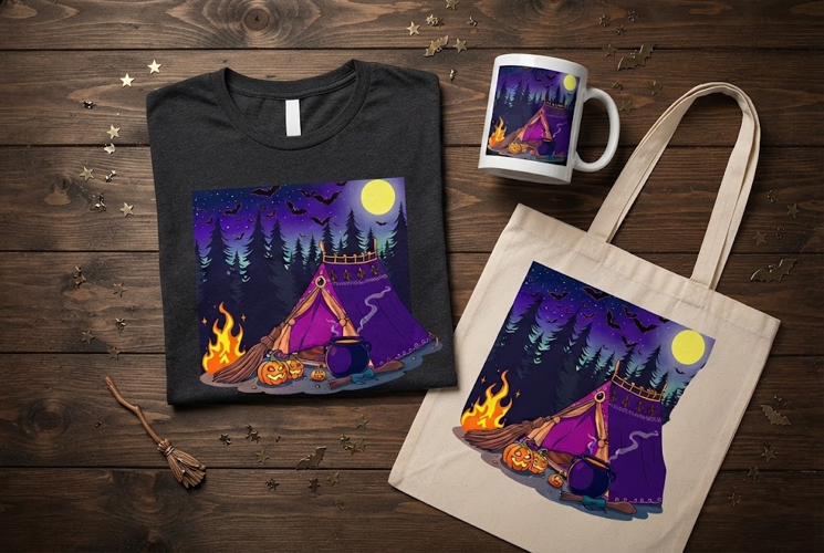 Witch Tent Camping Halloween Design with Cauldron and Bats