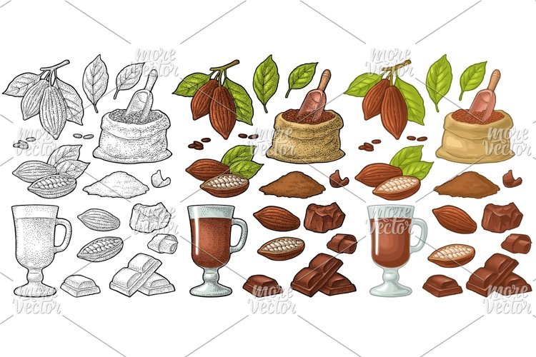 Chocolate piece, bar, shave Fruits of cocoa color engraving example image 1