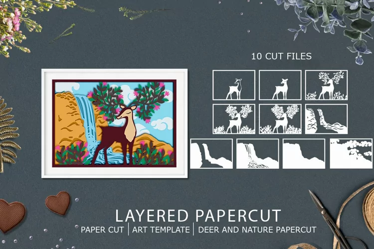 Deer and nature layered paper cut| Deer layered papercut