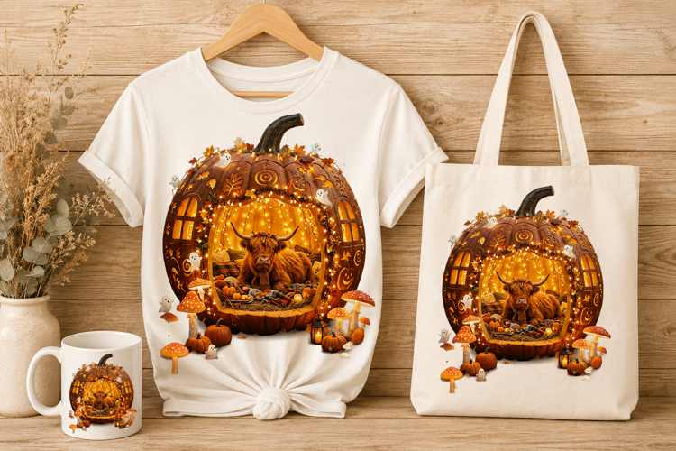 Cozy Pumpkin House Highland Cow Halloween Art Print