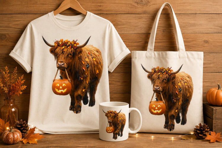 Highland Cow Carrying Glowing Pumpkin Halloween Art Print example image 1