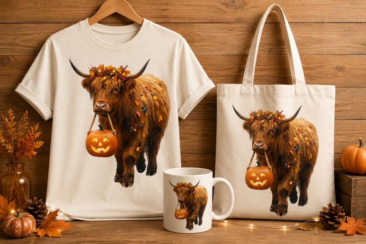 Highland Cow Carrying Glowing Pumpkin Halloween Art Print