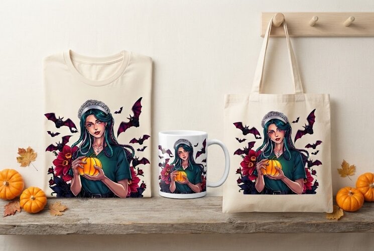 Gothic Vampire Woman PNG | Dark Halloween Bat & Pumpkin example image 1