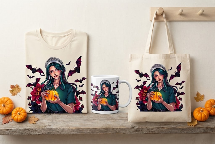 Gothic Vampire Woman PNG | Dark Halloween Bat & Pumpkin