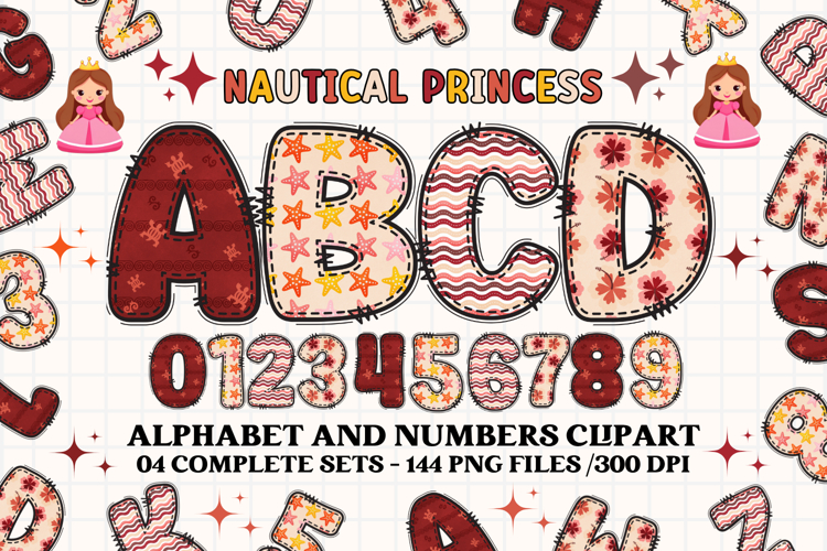 Nautical Princess png alphabet, princess letters doodle