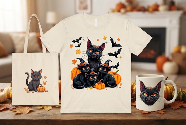 Black Cat Family Halloween PNG | Witch Cats & Pumpkins