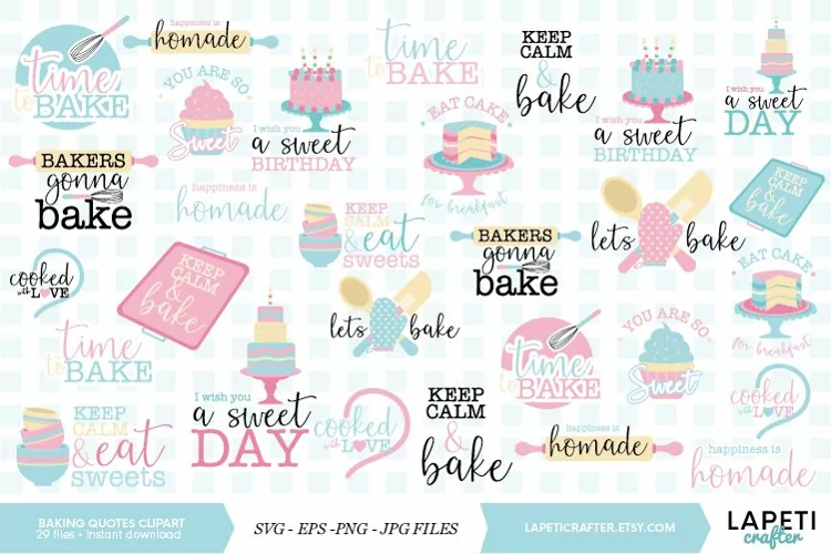 Baking quotes clipart, cupcakes and cooking vectorg graphics