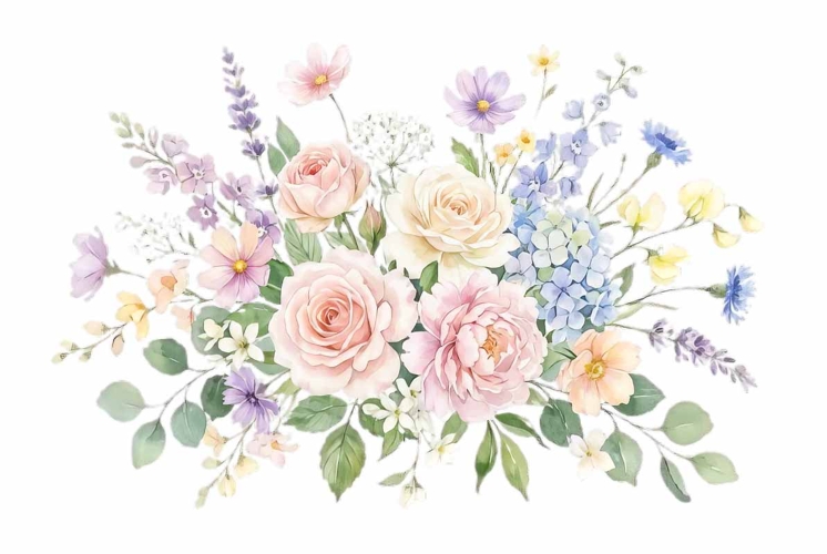 Watercolor soft bouquet with green leaves