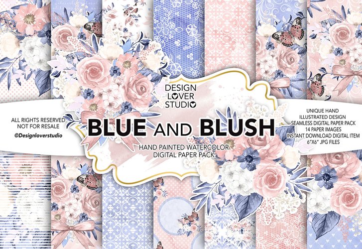 Watercolor BLUE and BLUSH digital paper pack