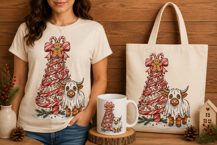 Embroidered Ribbon Tree Ghost Cow Christmas Art Print