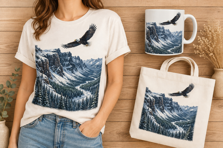 Bald Eagle Soaring Over Snowy Mountains Art PNG