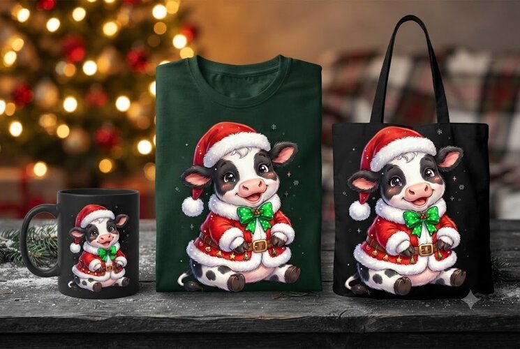 Cute Baby Santa Cow PNG | Christmas Cow Sublimation Design example image 1