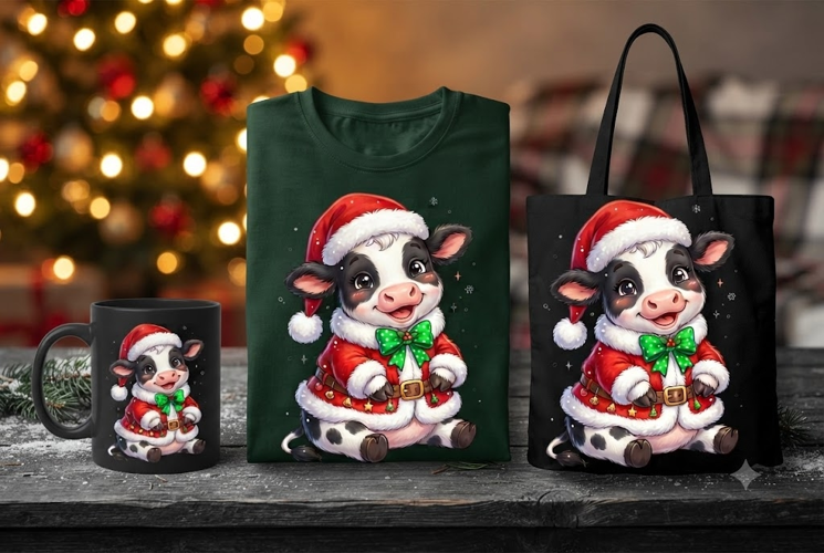 Cute Baby Santa Cow PNG | Christmas Cow Sublimation Design