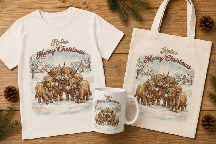 Retro Merry Christmas Highland Cows Village Art Print