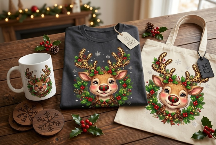 Cute Christmas Reindeer PNG Leopard Antlers Sublimation Art