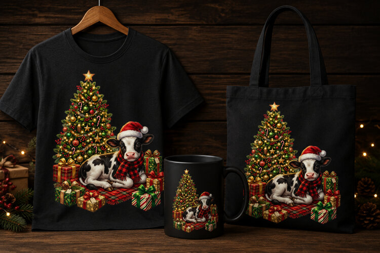 Cute Christmas Cow by Tree PNG Holiday Clipart Design example image 1
