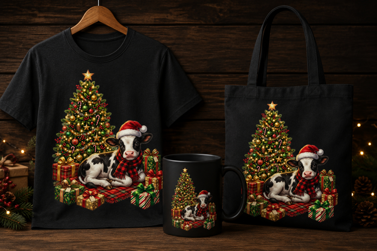 Cute Christmas Cow by Tree PNG Holiday Clipart Design