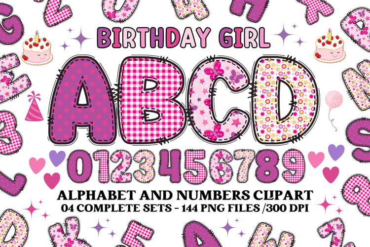 Birthday Girl Alphabet, birthday girl letters doodle clipart