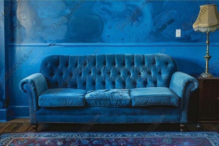 Blue velvet chesterfield sofa standing in a blue living room