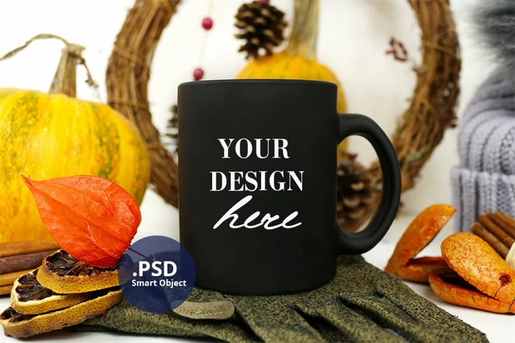 Winter Black Coffee mug mockup PSD, 11oz Black mug mock up