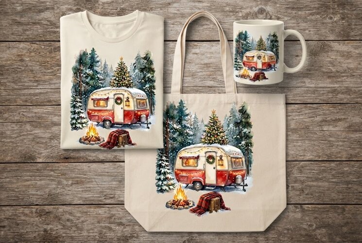 Vintage Camper Christmas Tree Campfire Watercolor Art example image 1