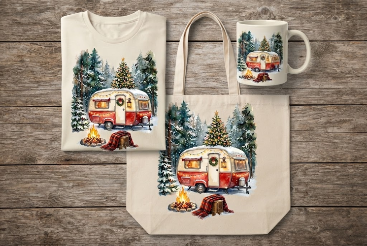 Vintage Camper Christmas Tree Campfire Watercolor Art