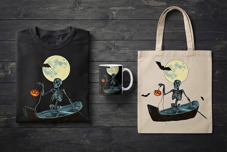 Skeleton Rowing Boat Halloween Design with Full Moon example image 1